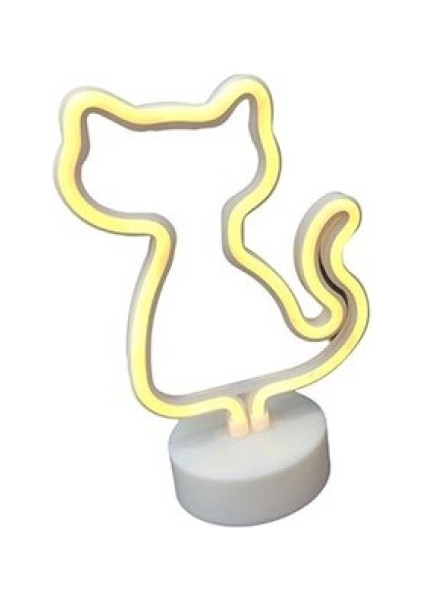 Neon Işıklı Kedi Lamba Pil+Usb Pembe Işık