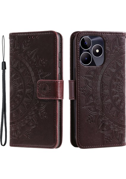 Realme Narzo N53 4G/C53(GLOBAL)/C53(HINDISTAN)/C51 Pu Deri Kılıf Mandala Çiçek Baskılı Stand Kapak-Kahverengi Cüzdan Kabuğu (Yurt Dışından)