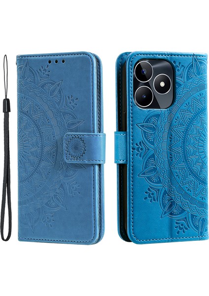 Realme Narzo N53 4G/C53(GLOBAL)/C53(HINDISTAN)/C51 Pu Deri Kılıf Mandala Çiçek Baskılı Stand Kapağı-Mavi Için Cüzdan Kabuğu (Yurt Dışından)