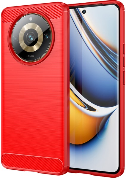 Realme 11 Pro+5g/11 Pro 5g Fırçalanmış Yumuşak Tpu Telefon Kılıfı Karbon Fiber Doku Arka Kapak-Kırmızı (Yurt Dışından)