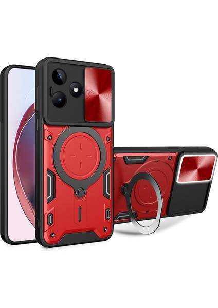 Realme C53 (KÜRESEL)/C53 (HINDISTAN)/C51 Sürgülü Kamera Kalkanı Telefon Kılıfı Döndürülebilir Ayaklı Pc+Tpu Arka Kapak-Kırmızı (Yurt Dışından)