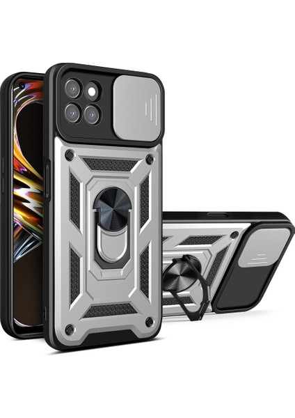 Halka Kickstand Tasarım Telefon Kılıfı Kamera Kayar Kapak Pc + Tpu Düşmeye Dayanıklı Hibrit Telefon Koruyucu Realme 8i/narzo 50 4g-Gümüş (Yurt Dışından)