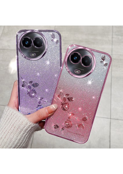 Kadem Realme 11 5g (GLOBAL)/11X 5g Arka Kılıf Parıltılı Çiçek Tpu Kılıf ve Yapay Elmas Dekor-Gül Altın (Yurt Dışından) modelleri