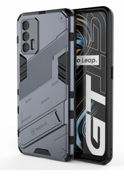 Darbeye Dayanıklı Pc + Tpu Hibrit Telefon Kılıfı Kapağı Oppo Realme Gt 5g-Gri Için Ayaklık (Yurt Dışından)