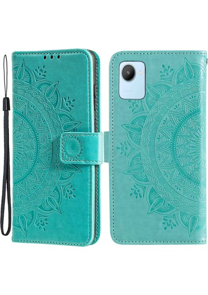 Realme C30 4g Için Mandala Çiçek Desenli Baskılı Telefon Kılıfı, Pu Deri El Kayışı Tasarımı Manyetik Düşmeye Karşı Kapak Standı Cüzdan-Yeşil (Yurt Dışından)