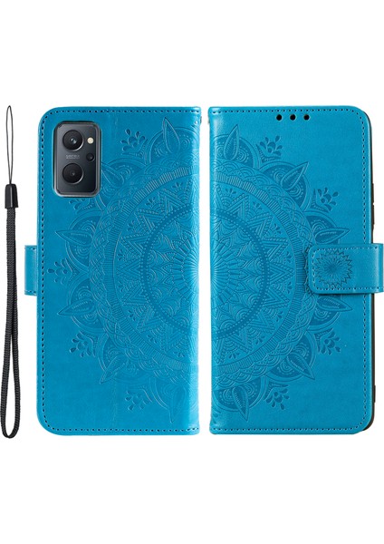Realme 9i/oppo A36/A76 Baskılı Mandala Çiçek Pu Deri Kılıf Görüntüleme Standı Cüzdan Folio Flip Kılıf Bilek Kayışı Ile-Mavi (Yurt Dışından)