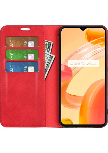 Realme C30 4g Cilt Dokunma Hissi Deri Kılıf Cüzdan Standı Manyetik Otomatik Emici Telefon Kılıfı-Kırmızı (Yurt Dışından) fiyatları
