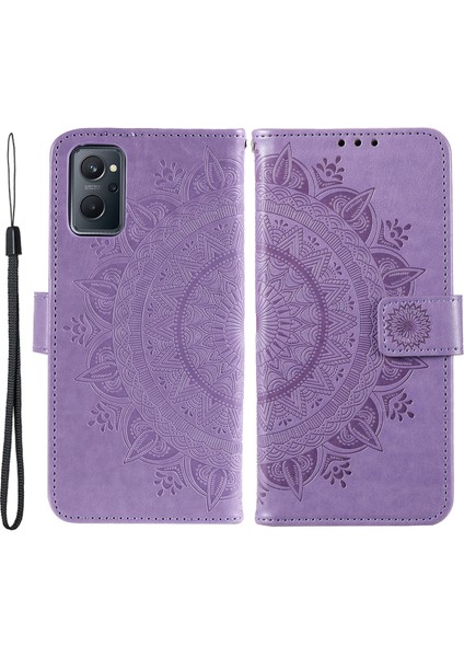 Realme 9i/oppo A36/A76 Baskılı Mandala Çiçek Pu Deri Kılıf Görüntüleme Standı Cüzdan Folio Flip Kılıf Bilek Kayışı Ile-Mor (Yurt Dışından)