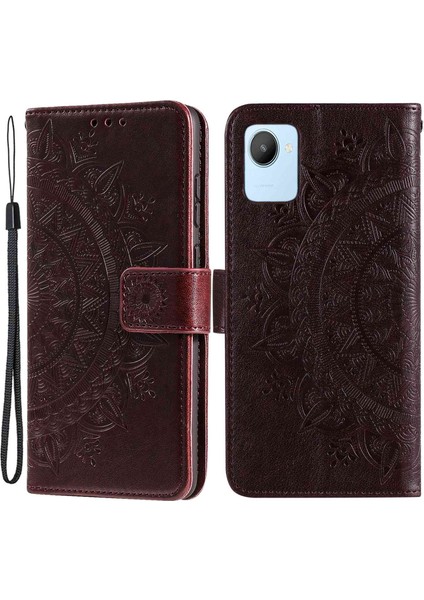 Realme C30 4g Için Mandala Çiçek Desenli Baskılı Telefon Kılıfı, Pu Deri El Kayışı Tasarımı Manyetik Düşmeye Karşı Kapak Standı Cüzdan-Kahverengi (Yurt Dışından)
