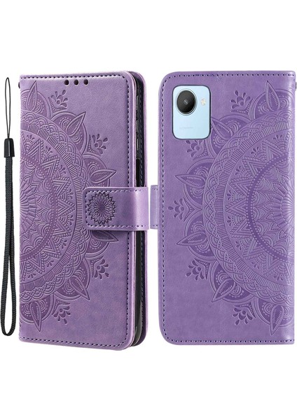 Realme C30 4g Için Mandala Çiçek Desenli Baskılı Telefon Kılıfı, Pu Deri El Kayışı Tasarımı Manyetik Düşmeye Karşı Kapak Standı Cüzdan-Mor (Yurt Dışından)