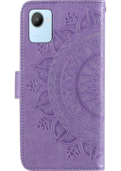 Realme C30 4g Için Mandala Çiçek Desenli Baskılı Telefon Kılıfı, Pu Deri El Kayışı Tasarımı Manyetik Düşmeye Karşı Kapak Standı Cüzdan-Mor (Yurt Dışından) fırsatları