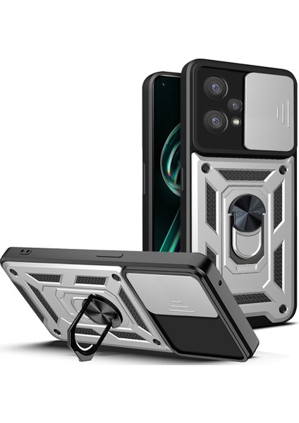 Realme 9 Pro+Sert Pc+Yumuşak Tpu Telefon Kılıfı Sürgülü Lens Koruma Halkası Kickstand Kılıf-Gümüş (Yurt Dışından)