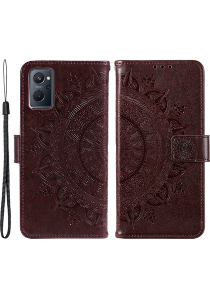 Realme 9i/oppo A36/A76 Baskılı Mandala Çiçek Pu Deri Kılıf Görüntüleme Standı Cüzdan Folio Flip Kılıf Bilek Kayışı Ile-Kahverengi (Yurt Dışından)