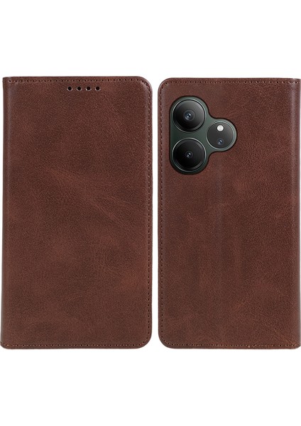 Realme Gt 6 5g Kılıf Güçlü Manyetik Pu Deri Telefon Kılıfı Dana Dokusu-Kahverengi (Yurt Dışından)