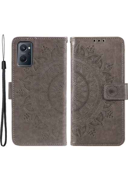Realme 9i/oppo A36/A76 Baskılı Mandala Çiçek Pu Deri Kılıf Görüntüleme Standı Cüzdan Folio Flip Kılıf Bilek Kayışı Ile-Gri (Yurt Dışından)
