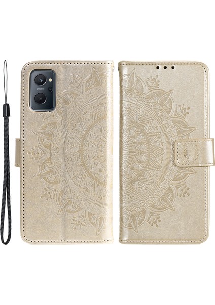 Realme 9i/oppo A36/A76 Baskılı Mandala Çiçek Pu Deri Kılıf Görüntüleme Standı Cüzdan Folio Flip Kılıf Bilek Kayışı Ile-Altın (Yurt Dışından)
