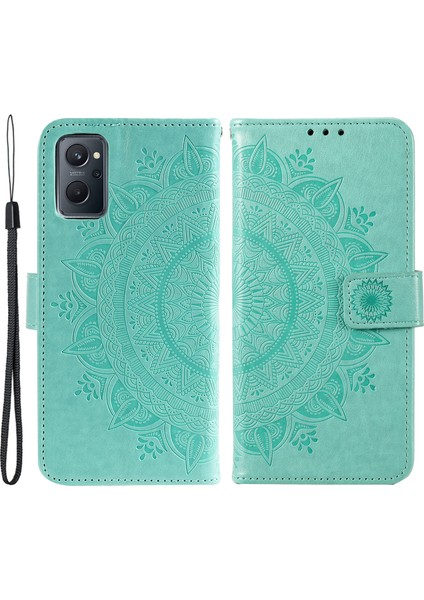 Realme 9i/oppo A36/A76 Baskılı Mandala Çiçek Pu Deri Kılıf Görüntüleme Standı Cüzdan Folio Flip Kılıf Bilek Kayışı Ile-Yeşil (Yurt Dışından)