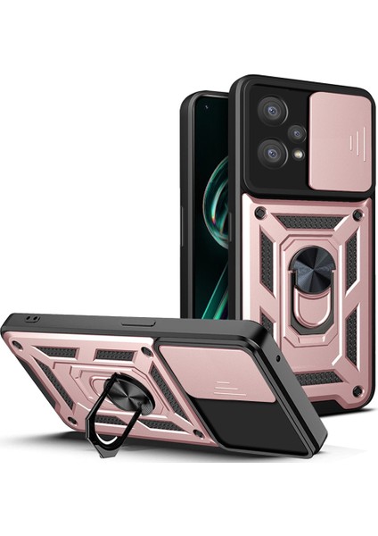 Realme 9 Pro+Sert Pc+Yumuşak Tpu Telefon Kılıfı Sürgülü Lens Koruma Halkası Kickstand Kılıf-Gül Altını (Yurt Dışından)