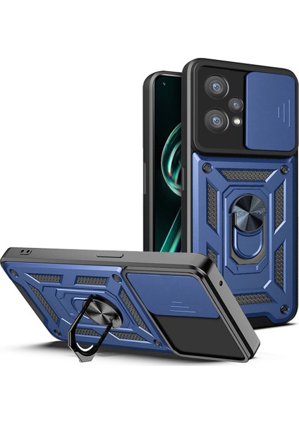 Realme 9 Pro+Sert Pc+Yumuşak Tpu Telefon Kılıfı Sürgülü Lens Koruma Halkası Kickstand Kılıf-Mavi (Yurt Dışından)