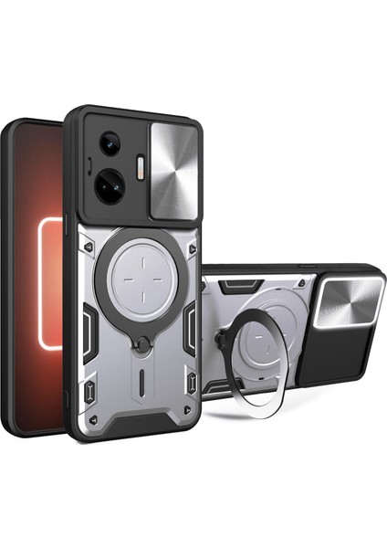 Realme Gt3 5g/gt Neo 5 5g Pc+Tpu Döndürülebilir Destek Kapağı Sürgülü Lens Koruma Darbeye Dayanıklı Telefon Kılıfı-Gümüş (Yurt Dışından)