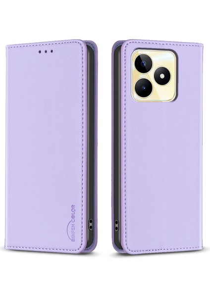 Bınfen Color BF18 Telefon Kılıfı Realme C53 (KÜRESEL)/C53 (HINDISTAN)/C51 Otomatik Emici Manyetik Deri Kapaklı Kart Tutucu-Mor (Yurt Dışından)