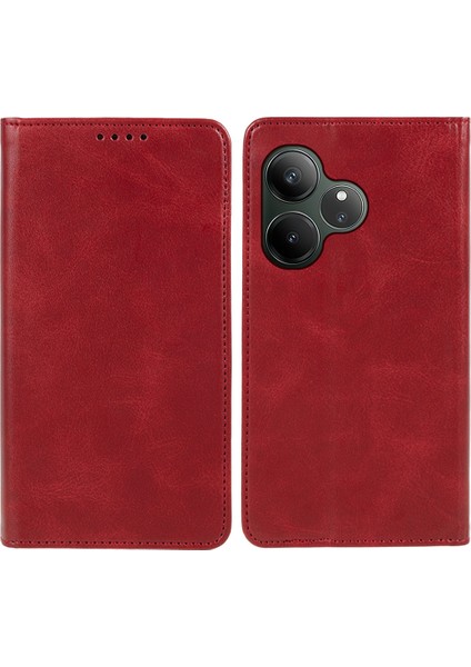 Realme Gt 6 5g Kılıf Güçlü Manyetik Pu Deri Telefon Kılıfı Buzağı Dokusu-Kırmızı (Yurt Dışından)