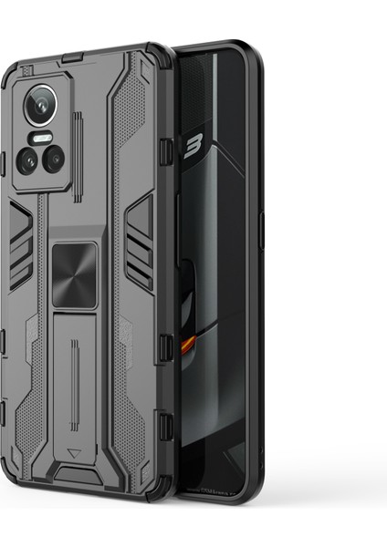 Realme Gt Neo 3 5g Darbeye Dayanıklı Kickstand Telefon Kılıfı Sert Pc Yumuşak Tpu Çift Katmanlı Koruyucu Kılıf-Siyah (Yurt Dışından)