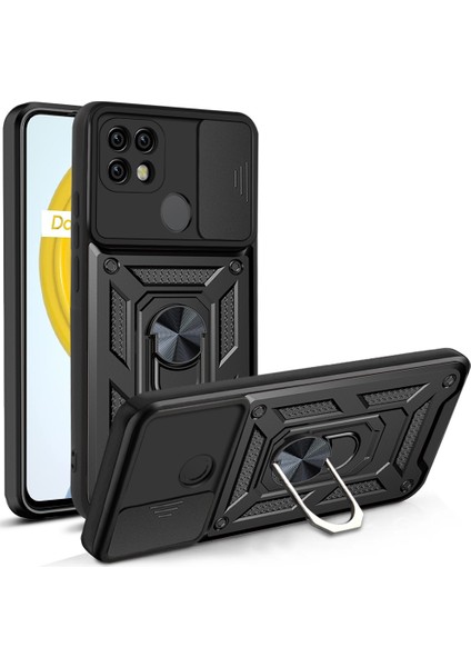 Kamera Kayar Kapak Darbeye Dayanıklı Düşme Önleyici Halka Tutucu Ayak Pc + Tpu Telefon Kılıfı Realme C21-SIYAH (Yurt Dışından)