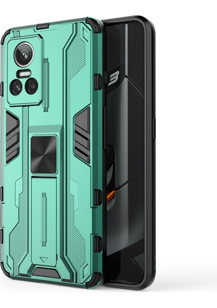 Realme Gt Neo 3 5g Darbeye Dayanıklı Kickstand Telefon Kılıfı Sert Pc Yumuşak Tpu Çift Katmanlı Koruyucu Kılıf-Yeşil (Yurt Dışından)