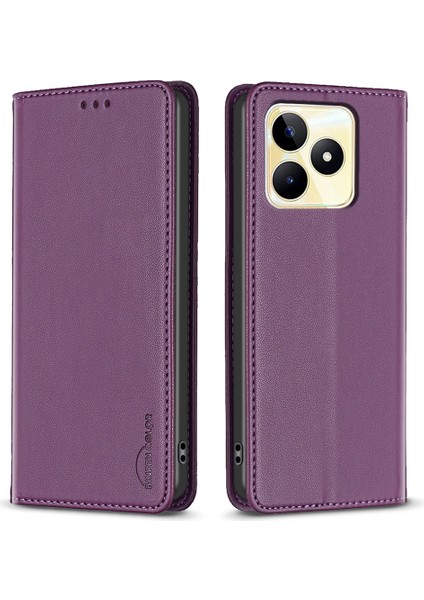 Bınfen Color BF18 Telefon Kılıfı Realme C53 (KÜRESEL)/C53 (HINDISTAN)/C51 Otomatik Emici Manyetik Deri Kapaklı Kart Tutucu-Koyu Mor (Yurt Dışından)