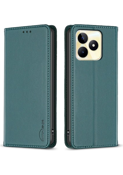 Bınfen Color BF18 Telefon Kılıfı Realme C53 (KÜRESEL)/C53 (HINDISTAN)/C51 Otomatik Emici Manyetik Deri Kapaklı Kart Tutucu-Yeşil (Yurt Dışından)