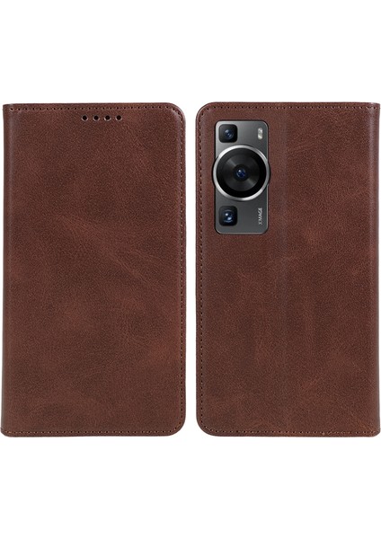 Huawei P60/P60 Pro Dana Dokusu Pu Deri Kılıf Iş Stili Cüzdan Standı Telefon Kılıfı-Kahverengi (Yurt Dışından)