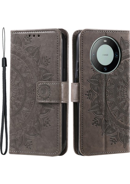 Huawei Mate 60 Cüzdan Pu Deri Telefon Kılıfı Mandala Çiçek Baskılı Stand Kapak Askılı-Gri (Yurt Dışından)