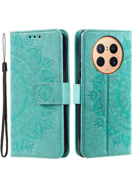 Huawei Mate 50 Pro 4g Için Düşmeye Karşı Cep Telefonu Kılıfı, Mandala Çiçek Desenli Baskılı Pu Deri Flip Cüzdan Kılıf Standı-Yeşil (Yurt Dışından)