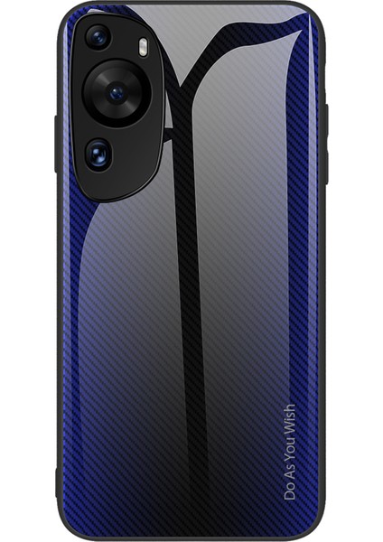 Huawei P60 Art Karbon Fiber Dokulu Temperli Cam Koruyucu Kılıf + Yumuşak Tpu Telefon Kılıfı - Koyu Mavi (Yurt Dışından)