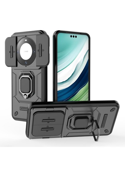 Huawei Mate 60 Pro Kılıf Kickstand Darbeye Dayanıklı Telefon Kılıfı Sürgülü Lens Koruyucu-Siyah (Yurt Dışından)