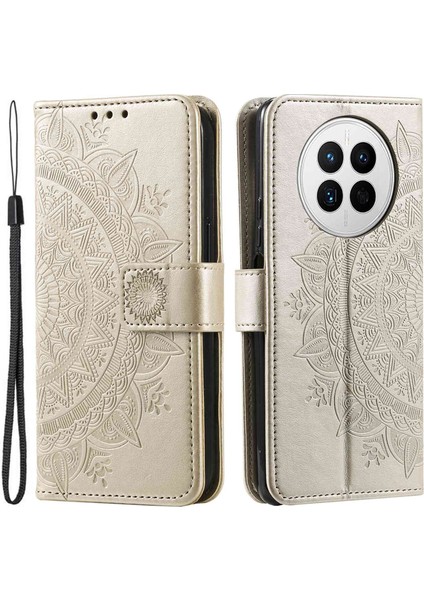 Huawei Mate 50 4g Için Düşmeye Dayanıklı Telefon Kılıfı, Mandala Çiçek Desenli Baskılı Pu Deri Aşınmaya Karşı Kapaklı Cüzdan Standı Kılıfı-Altın (Yurt Dışından)