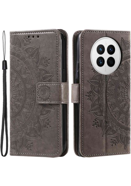 Huawei Mate 50 4g Için Düşmeye Dayanıklı Telefon Kılıfı, Mandala Çiçek Desenli Baskılı Pu Deri Aşınmaya Karşı Kapaklı Cüzdan Standı Kılıfı-Gri (Yurt Dışından)
