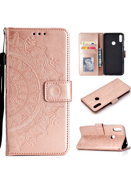 Huawei Y7(2019) Için Imprint Flower Deri Cüzdan Kılıf-Gül Altını (Yurt Dışından)