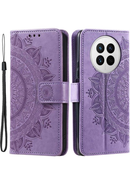 Huawei Mate 50 4g Için Düşmeye Dayanıklı Telefon Kılıfı, Mandala Çiçek Desenli Baskılı Pu Deri Aşınmaya Karşı Kapaklı Cüzdan Standı Kılıfı-Mor (Yurt Dışından)