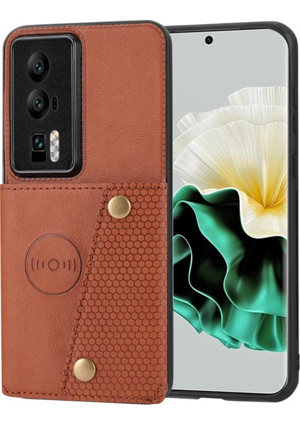 Huawei P60/P60 Pro Kickstand Kılıf Kart Tutucu Pu Deri Kaplamalı Tpu Telefon Kılıfı Araç Montaj Metal Levhası-Açık Kahverengi (Yurt Dışından)
