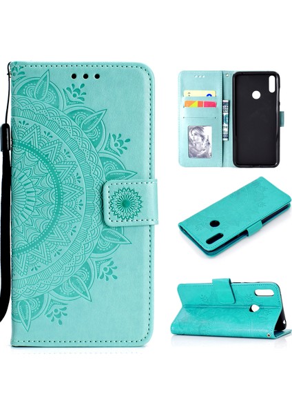 Huawei Y7(2019) Için Imprint Flower Deri Cüzdan Kılıf-Camgöbeği (Yurt Dışından)