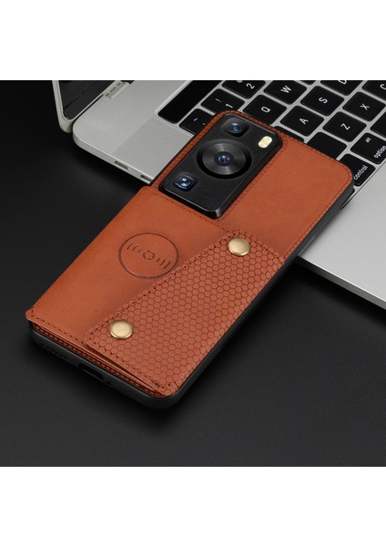 Huawei P60/P60 Pro Kickstand Kılıf Kart Tutucu Pu Deri Kaplamalı Tpu Telefon Kılıfı Araç Montaj Metal Levhası-Açık Kahverengi (Yurt Dışından) indirimleri