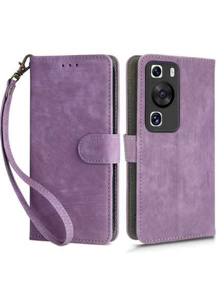 Huawei P60/P60 Pro Için Çarpışma Önleyici Stand Kılıfı Rfıd Engelleme Cüzdan Deri Kılıf Kayışlı-Mor (Yurt Dışından)