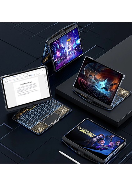 JP11 Ipad Pro 11 (2022) Kılıf Vales Dönen Ledli Klavyeli Tablet Kılıfı - Siyah Drstr