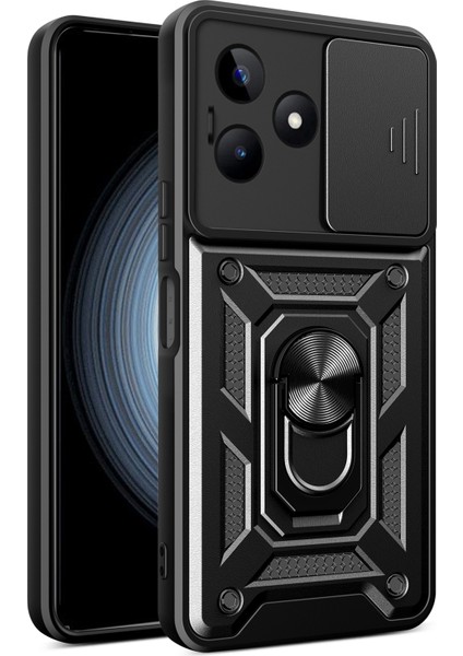 Realme C53 (KÜRESEL)/C53 (HINDISTAN)/C51/NARZO N53 4g Arka Lens Koruma Telefon Kılıfı Pc+Tpu Çizilmez Kılıf Kickstand Ile-Siyah (Yurt Dışından)