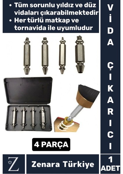 Dayanıklı Matkap Tornavida Uyumlu Hasarlı Paslı Kırık Yamuk Vida Sökme Çıkarma 4 Farklı Uçlu Set