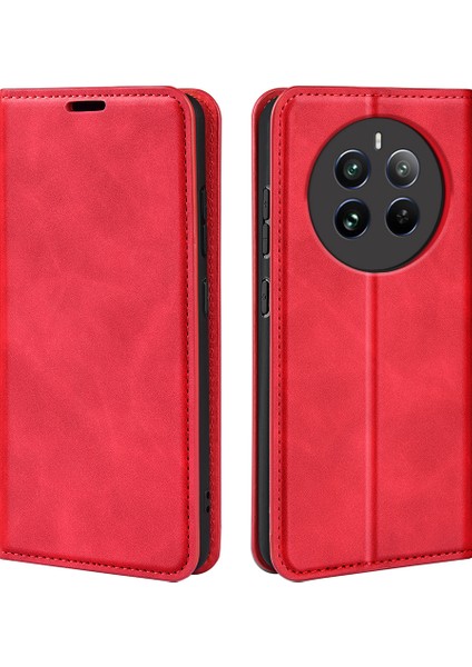 Realme 12 4g/12+5g Kılıf Cüzdan Pu Deri Stand Telefon Kılıfı Manyetik Otomatik Kapanma-Kırmızı (Yurt Dışından)