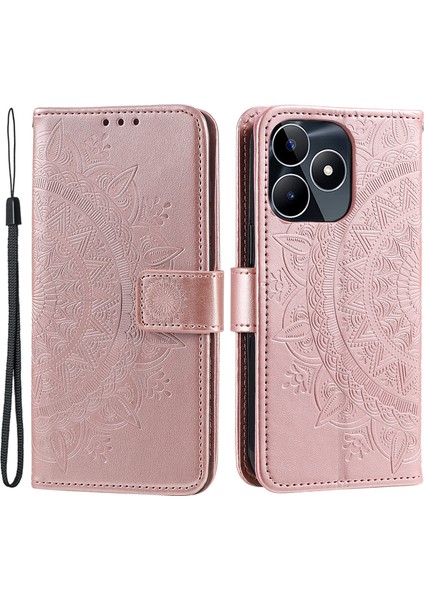Realme Narzo N53 4G/C53(GLOBAL)/C53(HINDISTAN)/C51 Pu Deri Kılıf Mandala Çiçek Baskılı Stand Kapak-Gül Altını Için Cüzdan Kabuğu (Yurt Dışından)