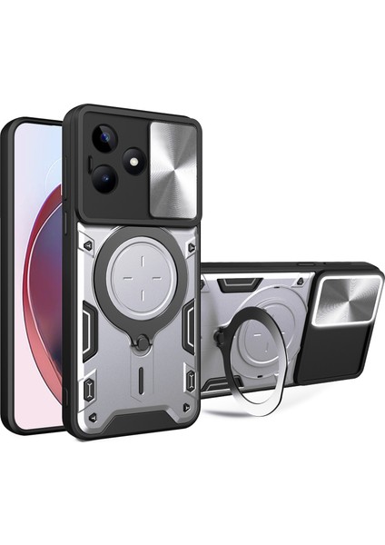 Realme C53 (KÜRESEL)/C53 (HINDISTAN)/C51 Sürgülü Kamera Kalkanı Telefon Kılıfı Döndürülebilir Ayaklı Pc+Tpu Arka Kapak-Gümüş (Yurt Dışından)
